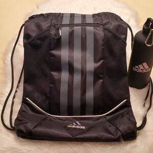 Adidas Nylon Drawstring Sackpack with Insulated Water Bottle Black Gray Unisex